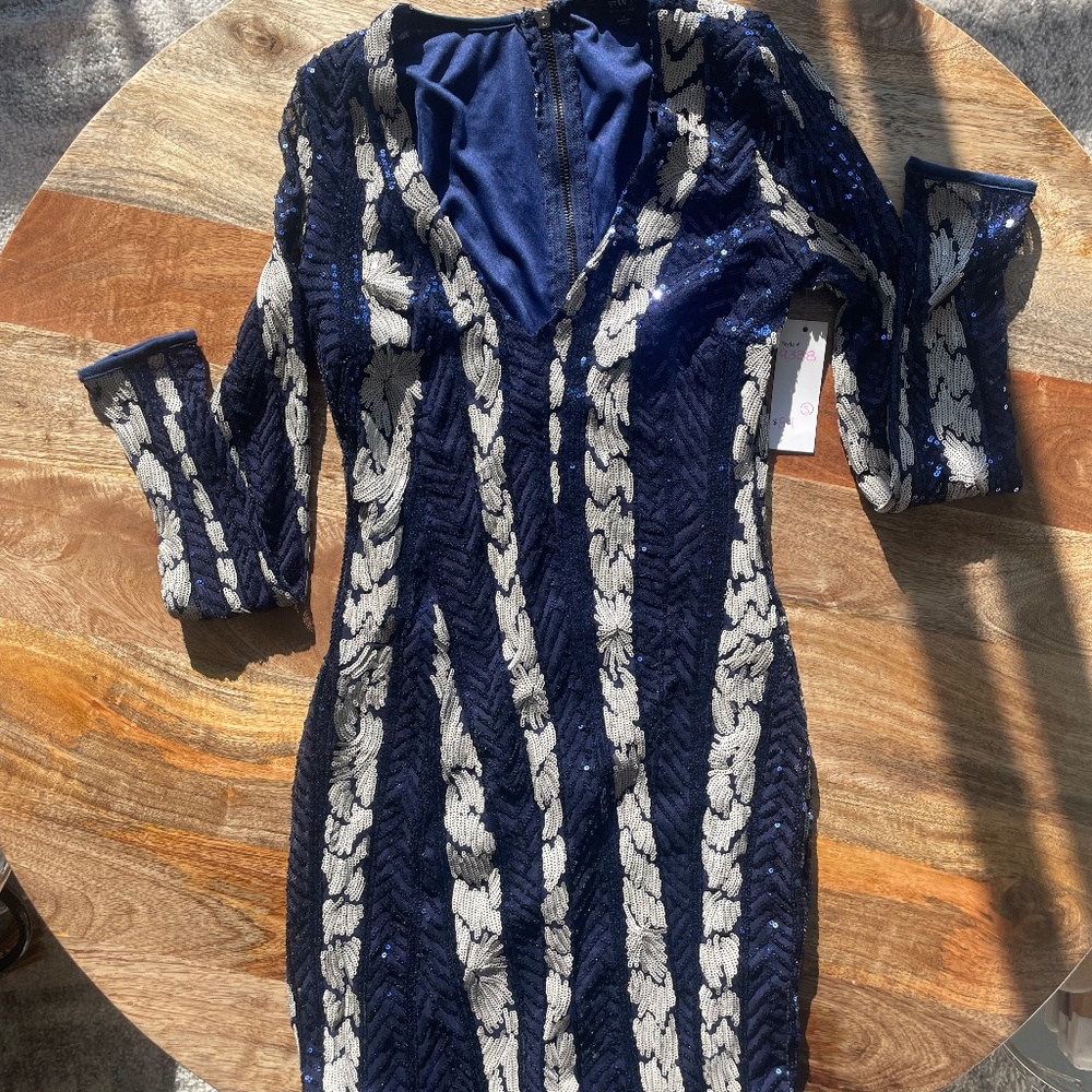 Blue and Creme Sequin Dress - Cocktail length
